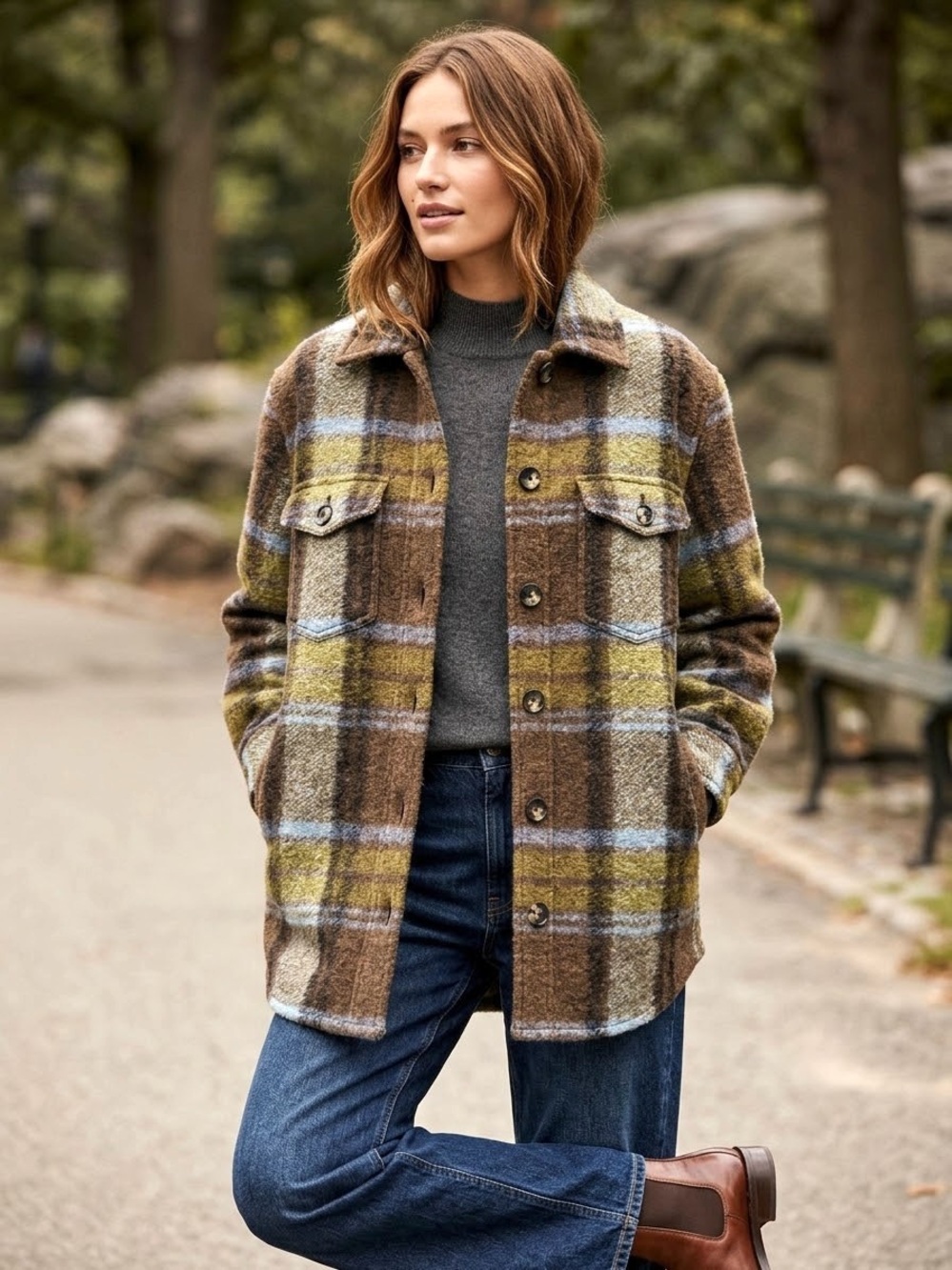 Wilfred Free “The Ganna” Plaid Wool Blend Shirt Jacket in Brown & Green